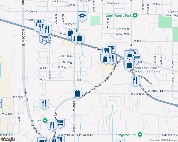 map of restaurants, bars, coffee shops, grocery stores, and more near 24 Clayton Court in Pleasant Grove