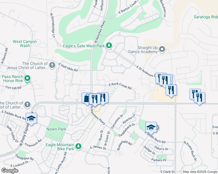 map of restaurants, bars, coffee shops, grocery stores, and more near 3671 East Quartz Creek Ln in Eagle Mountain