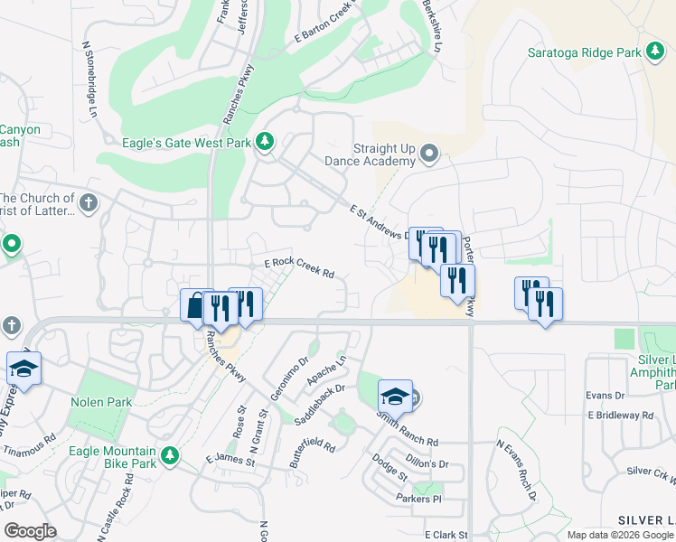 map of restaurants, bars, coffee shops, grocery stores, and more near 3821 East Rock Creek Road in Eagle Mountain