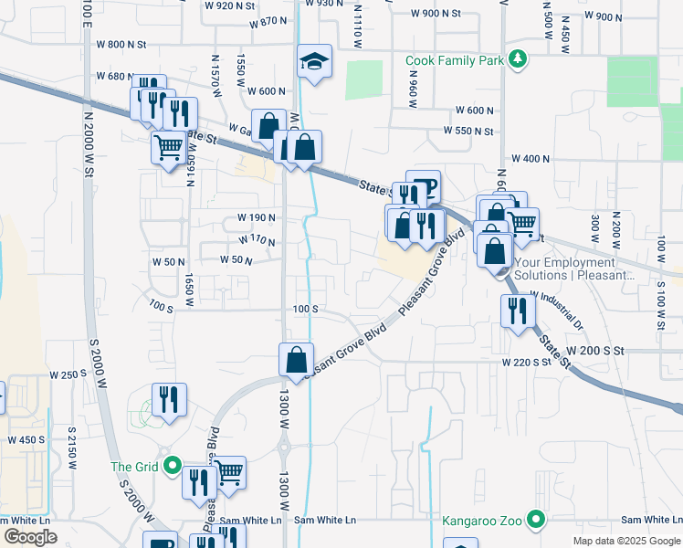 map of restaurants, bars, coffee shops, grocery stores, and more near 24 Clayton Court in Pleasant Grove