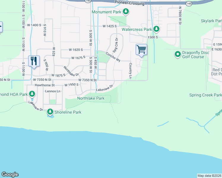 map of restaurants, bars, coffee shops, grocery stores, and more near 383 Lakeview Drive in Lehi