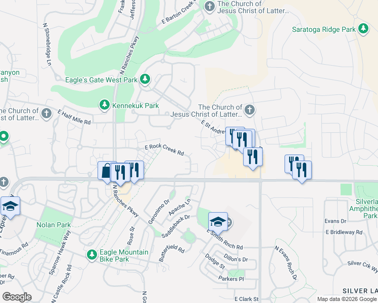 map of restaurants, bars, coffee shops, grocery stores, and more near 3826 East Rock Creek Road in Eagle Mountain