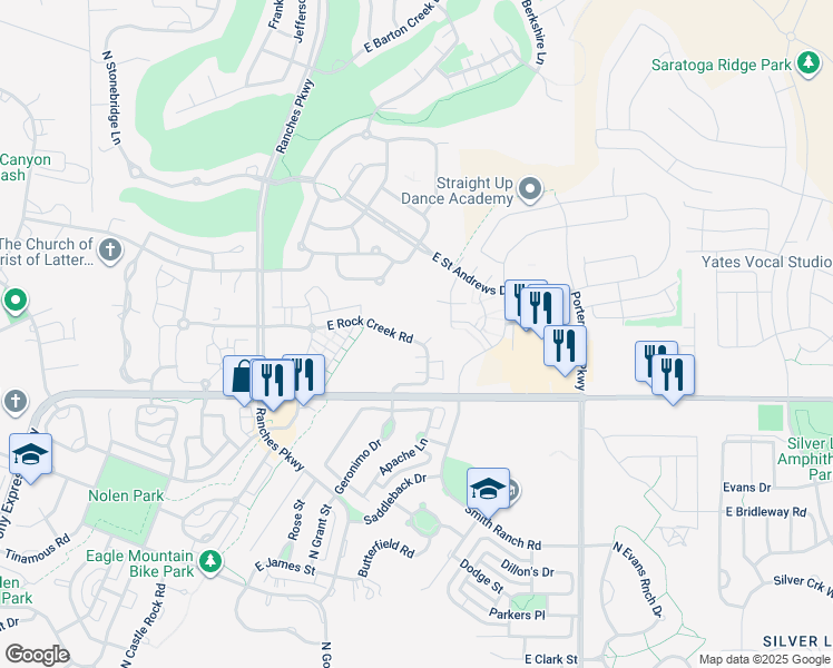 map of restaurants, bars, coffee shops, grocery stores, and more near 3826 East Rock Creek Road in Eagle Mountain