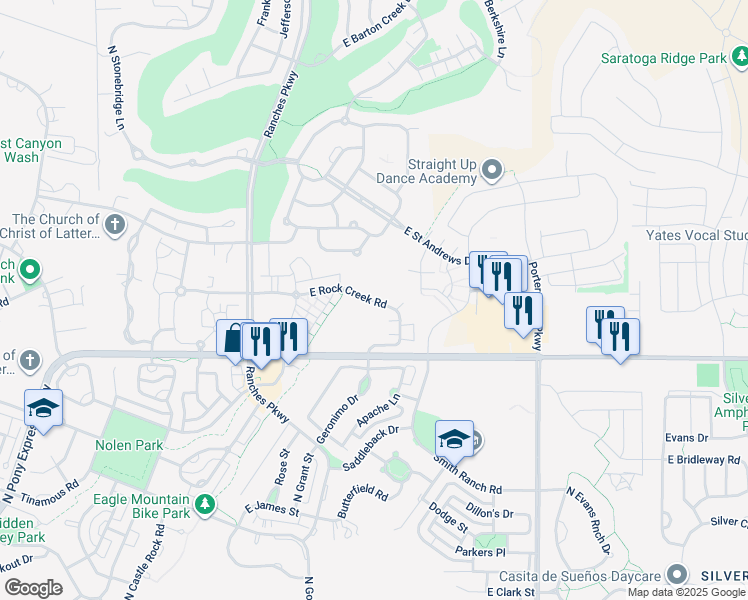 map of restaurants, bars, coffee shops, grocery stores, and more near 3826 East Rock Creek Road in Eagle Mountain