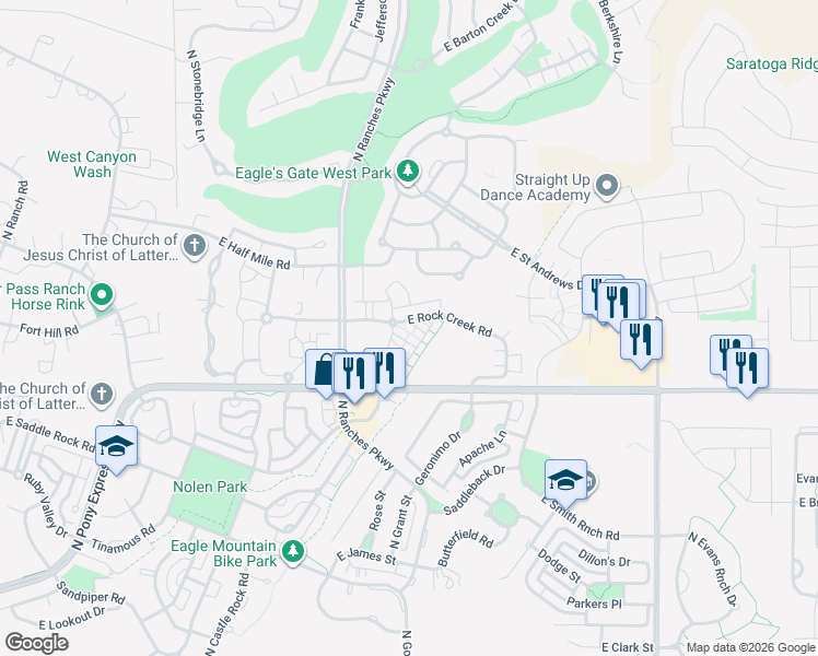 map of restaurants, bars, coffee shops, grocery stores, and more near 3671 East Quartz Creek Ln in Eagle Mountain
