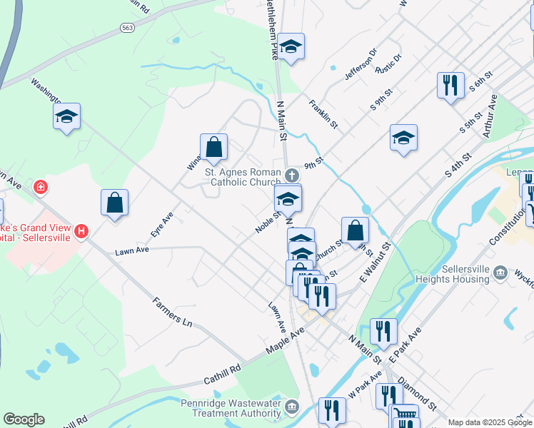 map of restaurants, bars, coffee shops, grocery stores, and more near 29 Noble Street in Sellersville