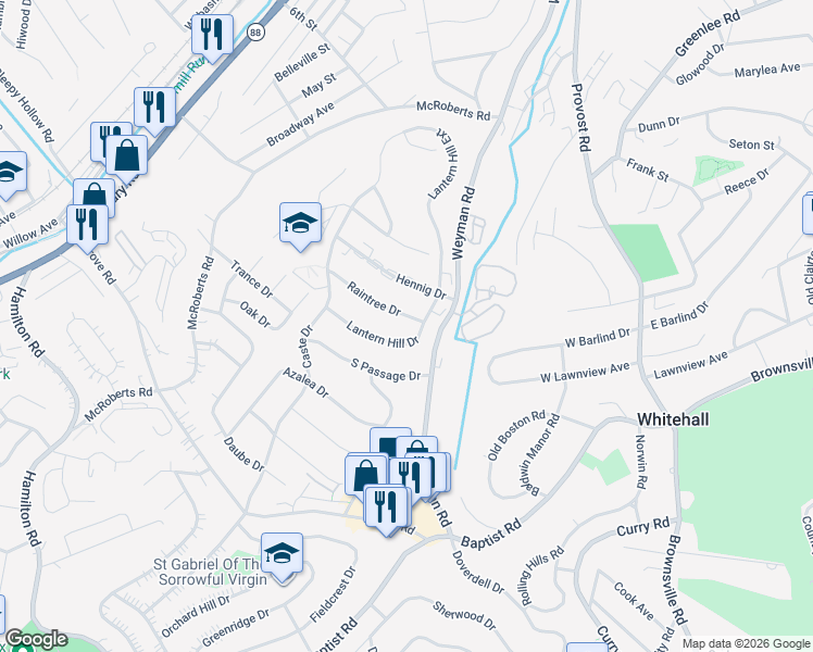 map of restaurants, bars, coffee shops, grocery stores, and more near 5158 Lantern Hill Drive in Pittsburgh