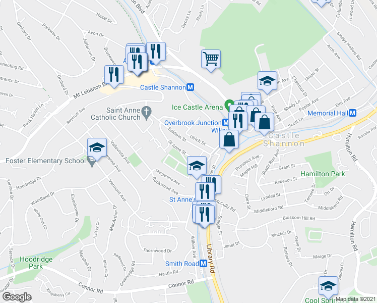 map of restaurants, bars, coffee shops, grocery stores, and more near 4040 Willow Avenue in Castle Shannon