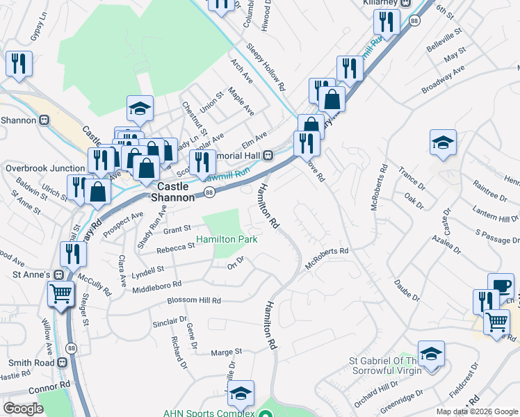 map of restaurants, bars, coffee shops, grocery stores, and more near 1256 Hamilton Road in Pittsburgh
