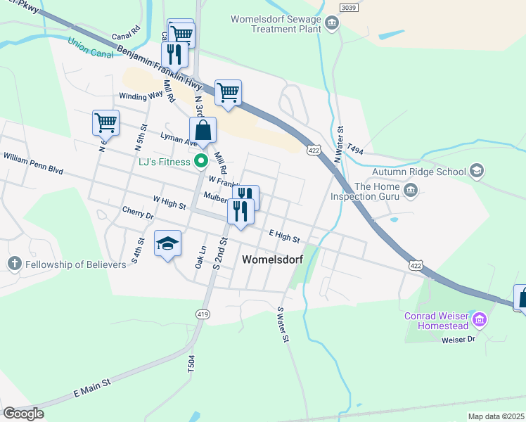 map of restaurants, bars, coffee shops, grocery stores, and more near 107 West High Street in Womelsdorf
