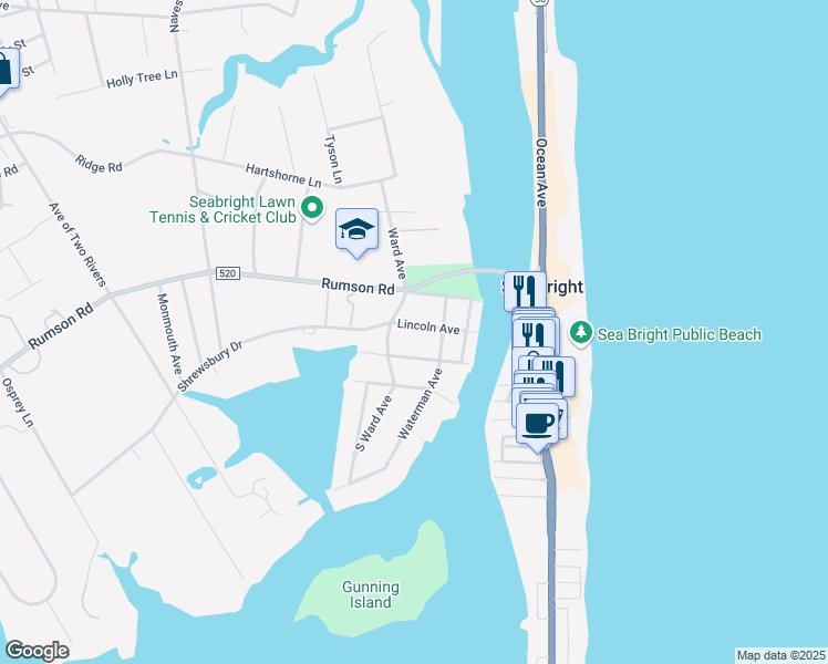 map of restaurants, bars, coffee shops, grocery stores, and more near 122 East River Road in Rumson