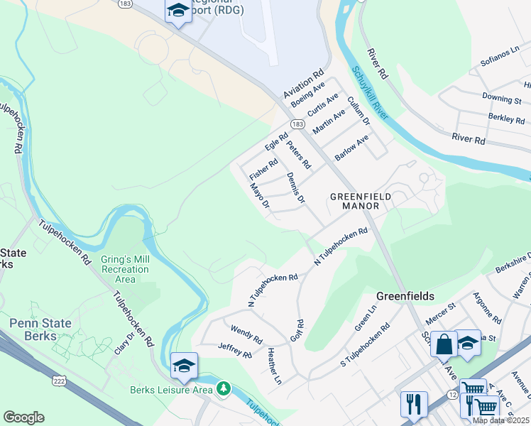 map of restaurants, bars, coffee shops, grocery stores, and more near 2036 Mayo Drive in Reading