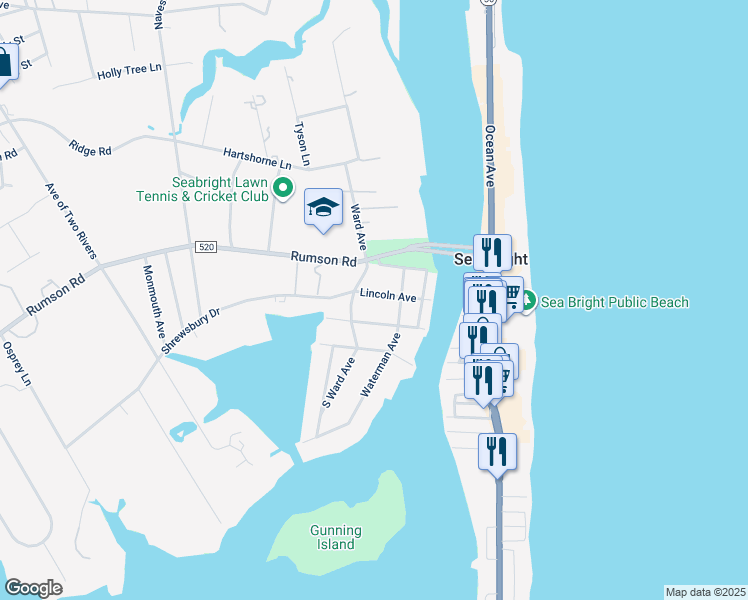map of restaurants, bars, coffee shops, grocery stores, and more near 23 Lincoln Avenue in Rumson