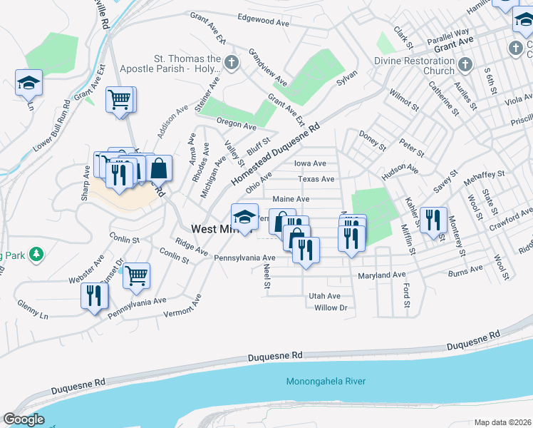 map of restaurants, bars, coffee shops, grocery stores, and more near 1809 Vermont Avenue in West Mifflin