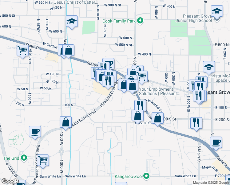 map of restaurants, bars, coffee shops, grocery stores, and more near 151 South Pleasant Grove Boulevard in Pleasant Grove