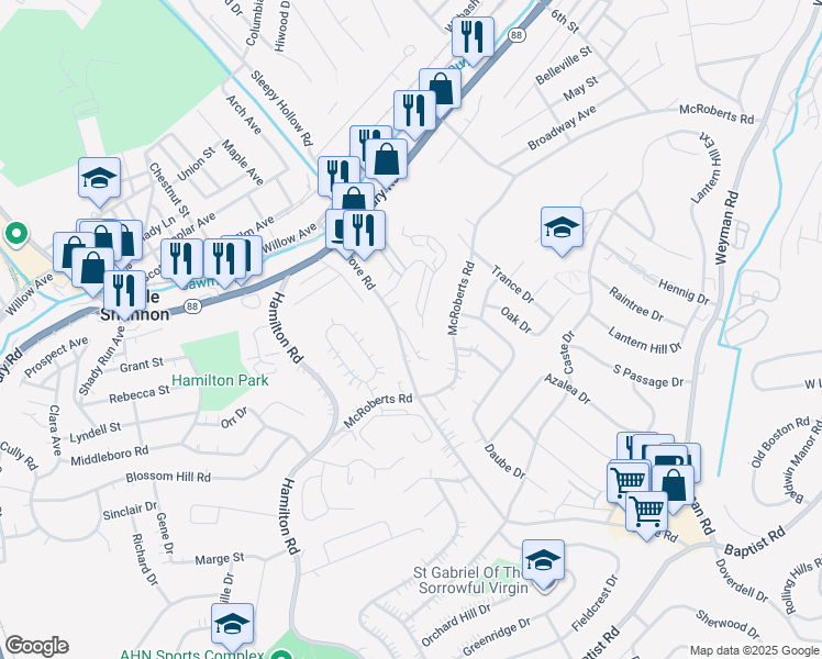 map of restaurants, bars, coffee shops, grocery stores, and more near 1347 Grove Road in Castle Shannon