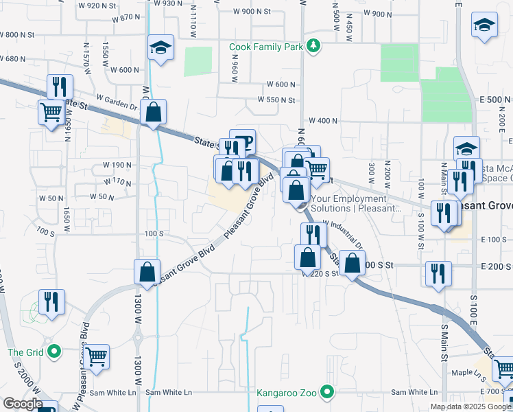 map of restaurants, bars, coffee shops, grocery stores, and more near 151 South Pleasant Grove Boulevard in Pleasant Grove