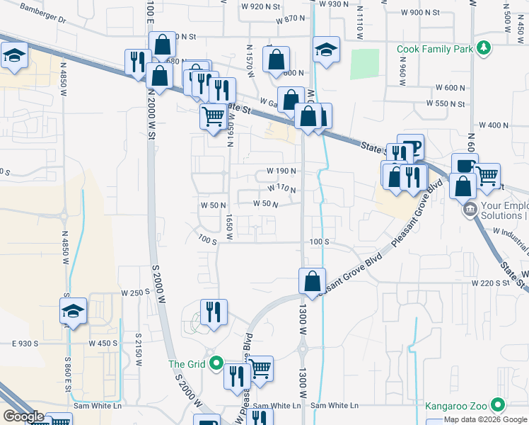 map of restaurants, bars, coffee shops, grocery stores, and more near 36 South 1460 West in Pleasant Grove
