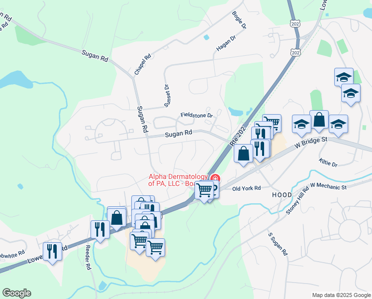 map of restaurants, bars, coffee shops, grocery stores, and more near 624 Kirkwood Lane in New Hope