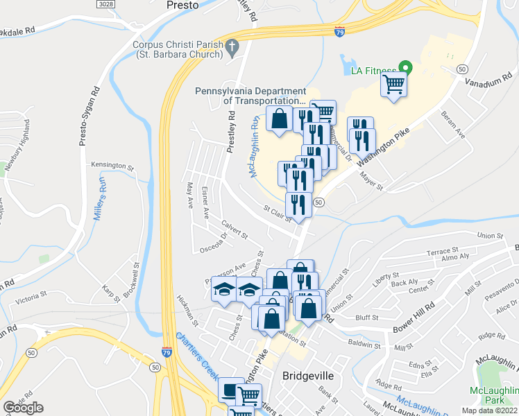 map of restaurants, bars, coffee shops, grocery stores, and more near 268 Saint Clair Street in Bridgeville