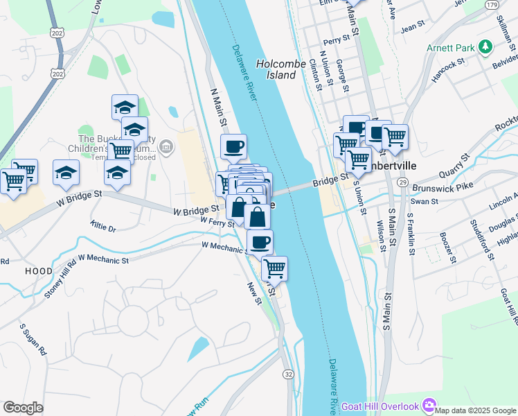 map of restaurants, bars, coffee shops, grocery stores, and more near 14 East Ferry Street in New Hope
