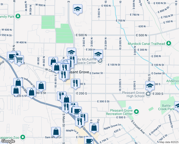 map of restaurants, bars, coffee shops, grocery stores, and more near 30 South 300 East Street in Pleasant Grove