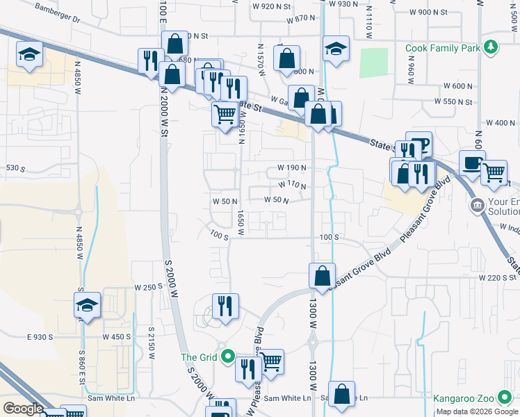 map of restaurants, bars, coffee shops, grocery stores, and more near 42 South 1580 West in Pleasant Grove