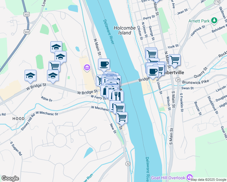 map of restaurants, bars, coffee shops, grocery stores, and more near 14 East Ferry Street in New Hope
