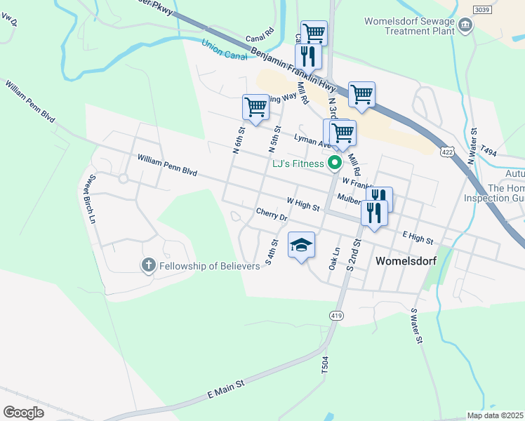map of restaurants, bars, coffee shops, grocery stores, and more near 407 Washington Boulevard in Womelsdorf