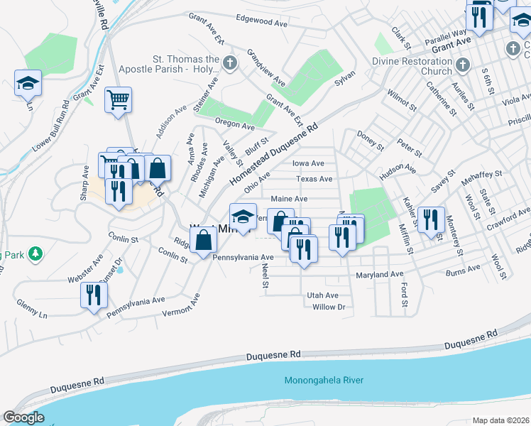 map of restaurants, bars, coffee shops, grocery stores, and more near 1809 Vermont Avenue in West Mifflin