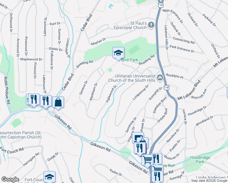 map of restaurants, bars, coffee shops, grocery stores, and more near 170 Woodhaven Drive in Pittsburgh