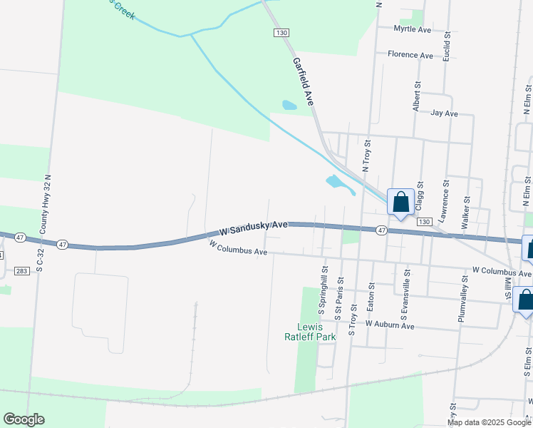 map of restaurants, bars, coffee shops, grocery stores, and more near 1155-1199 West Sandusky Avenue in Bellefontaine