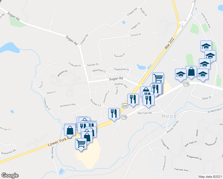 map of restaurants, bars, coffee shops, grocery stores, and more near 624 Kirkwood Lane in New Hope