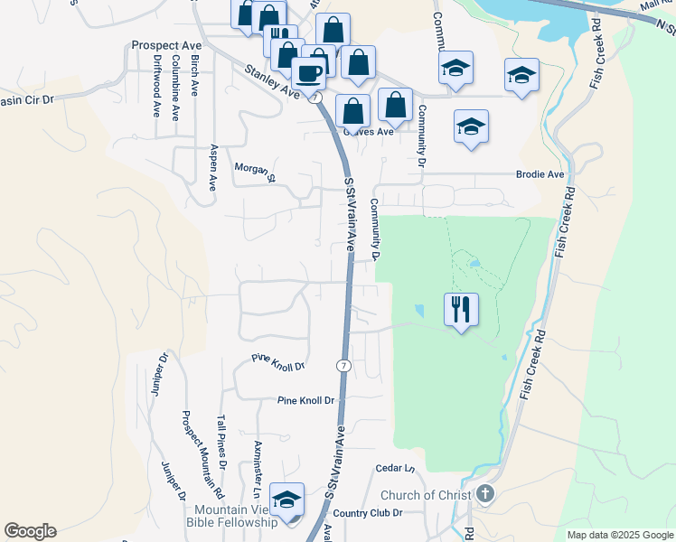 map of restaurants, bars, coffee shops, grocery stores, and more near 941 South Saint Vrain Avenue in Estes Park
