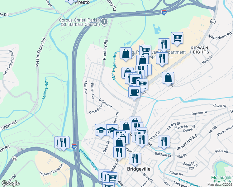 map of restaurants, bars, coffee shops, grocery stores, and more near 277 Prestley Road in Bridgeville