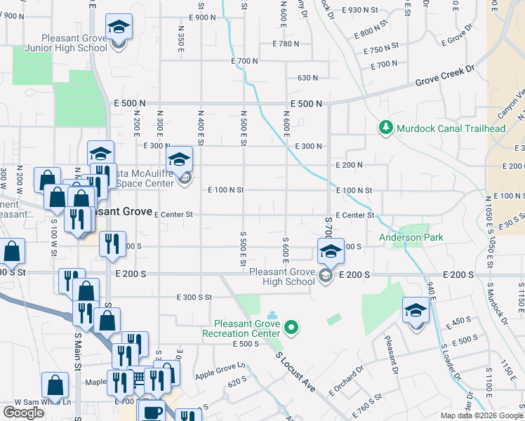 map of restaurants, bars, coffee shops, grocery stores, and more near 539 East Center Street in Pleasant Grove