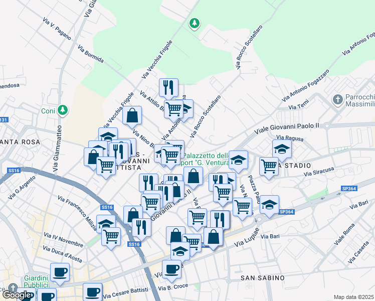 map of restaurants, bars, coffee shops, grocery stores, and more near 6 Via Antonio Fogazzaro in Lecce
