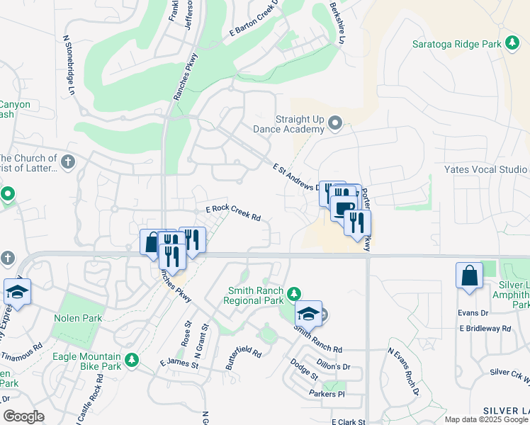 map of restaurants, bars, coffee shops, grocery stores, and more near 3821 East Rock Creek Road in Eagle Mountain