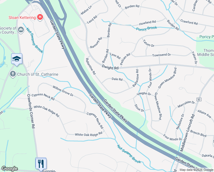 map of restaurants, bars, coffee shops, grocery stores, and more near 129 Ballantine Road in Middletown Township