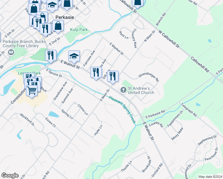 map of restaurants, bars, coffee shops, grocery stores, and more near 145 South Main Street in Perkasie