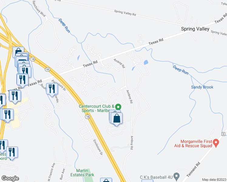 map of restaurants, bars, coffee shops, grocery stores, and more near 215 Hidden Lake Drive in Marlboro Township