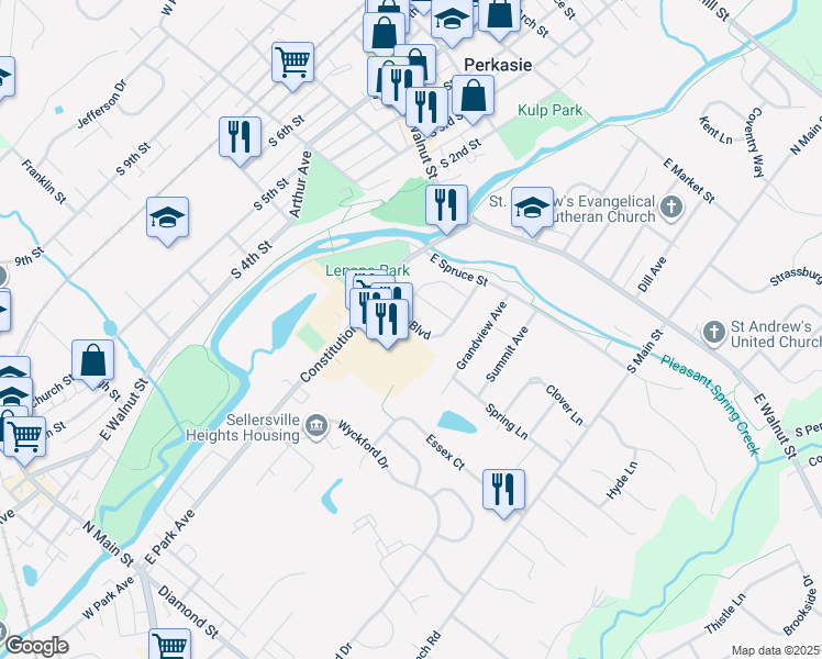 map of restaurants, bars, coffee shops, grocery stores, and more near 434 Arbor Boulevard in Perkasie