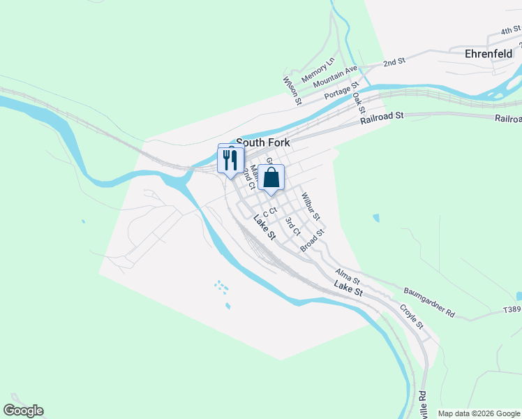 map of restaurants, bars, coffee shops, grocery stores, and more near 416-498 Lake Street in South Fork