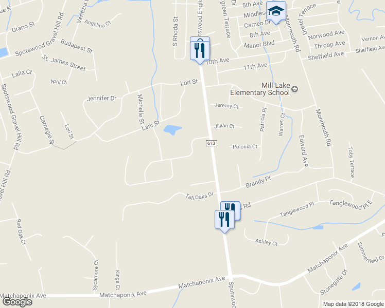 map of restaurants, bars, coffee shops, grocery stores, and more near 7 Camelot Drive in Monroe Township