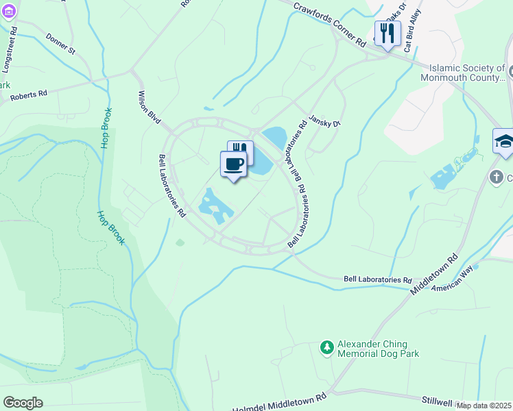 map of restaurants, bars, coffee shops, grocery stores, and more near 101 Crawfords Corner Road in Holmdel