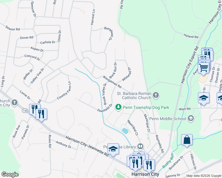 map of restaurants, bars, coffee shops, grocery stores, and more near 7 Deerfield Drive in Harrison City