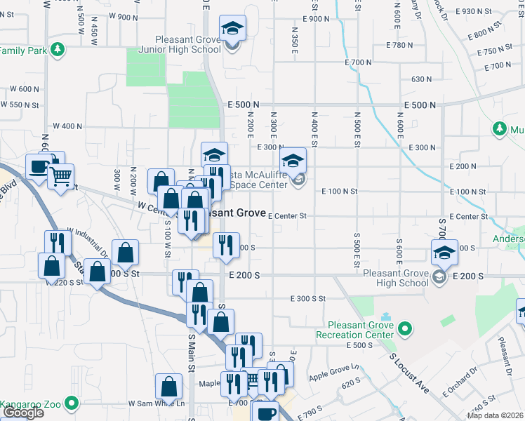 map of restaurants, bars, coffee shops, grocery stores, and more near 30 South 300 East Street in Pleasant Grove