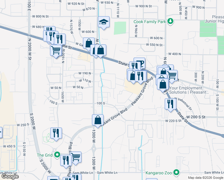map of restaurants, bars, coffee shops, grocery stores, and more near 24 Clayton Court in Pleasant Grove
