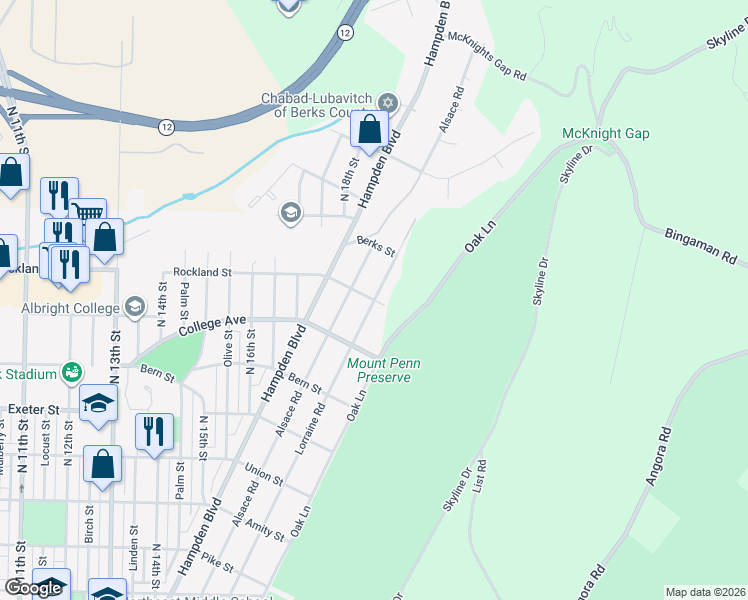 map of restaurants, bars, coffee shops, grocery stores, and more near 1933 Lorraine Road in Reading