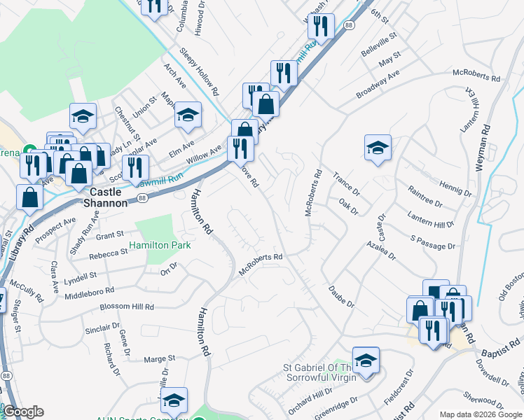 map of restaurants, bars, coffee shops, grocery stores, and more near 156 Castle Road in Pittsburgh